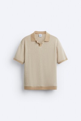 New Zara Vertical Textured Polo S 1198/312 Beige Brown sweater