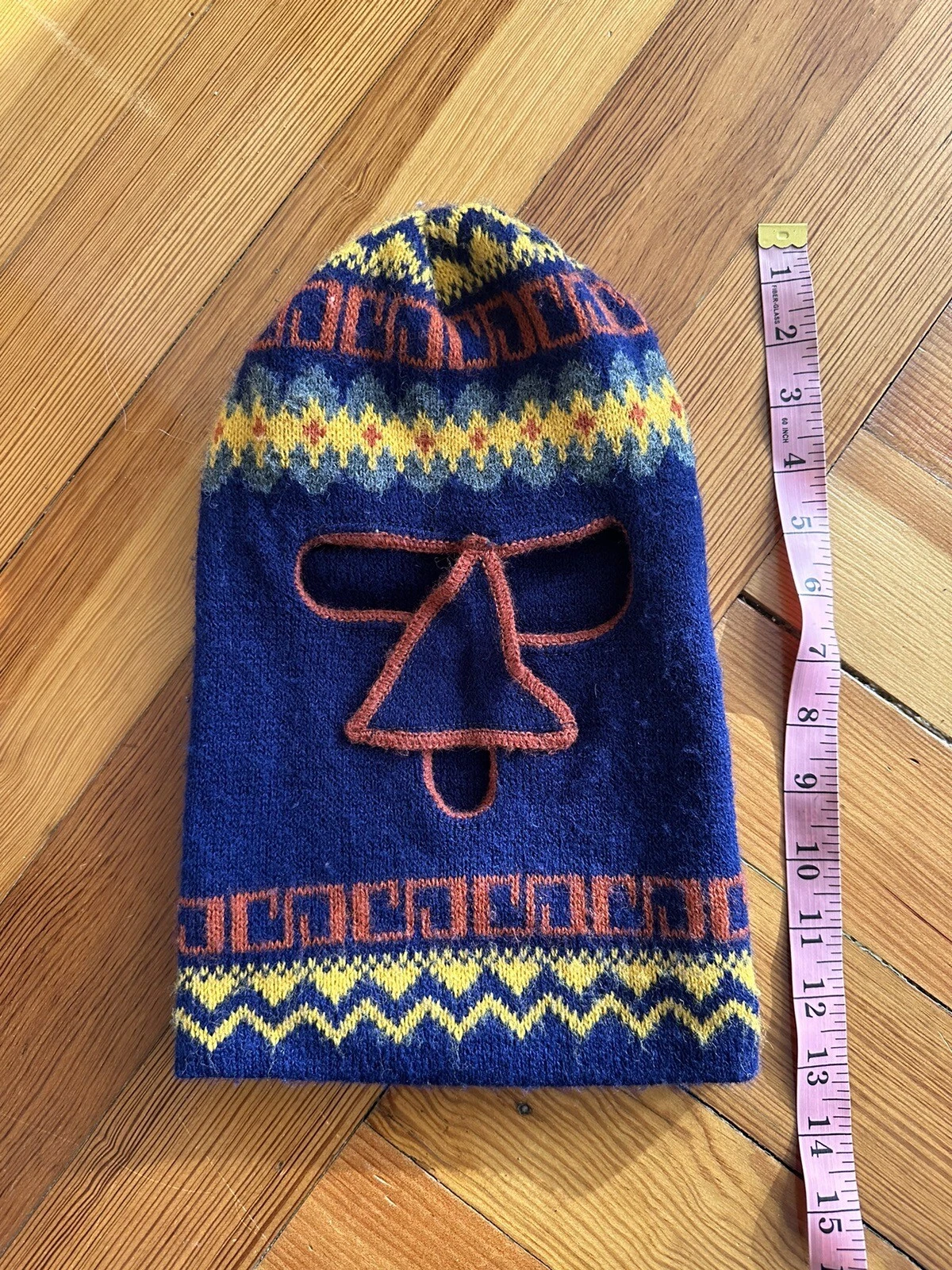 Vintage Ski Mask Wool Eyes Mouth Nose Blue Yellow Orange Aztec Pattern Winter