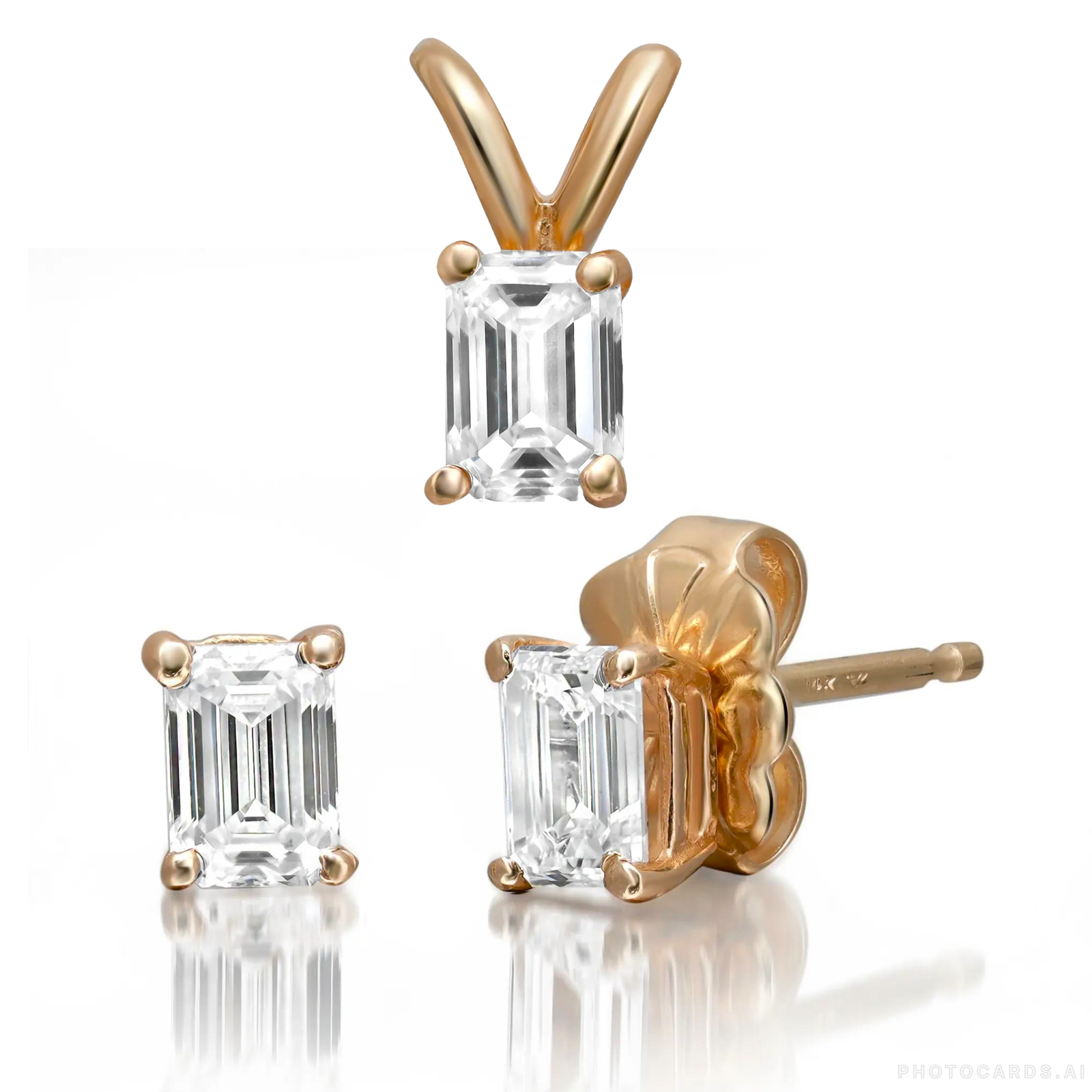 Кулон с бриллиантом изумрудной огранки выращенным в Лаборатории и серьги-гвоздики из Желтого Золота 14 Карат 143290₽