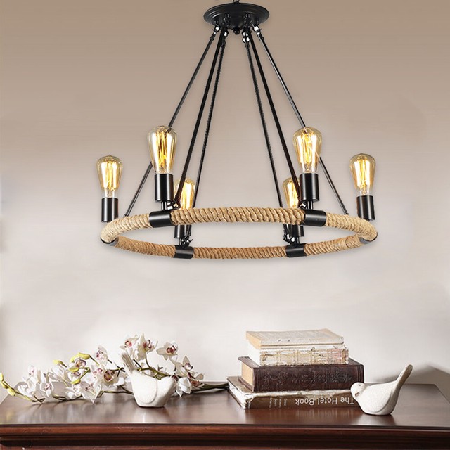 6 Head Retro Rustic Ceiling Light Rope Iron Round Chandelier