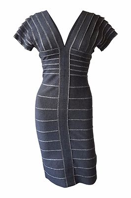 HERVE LEGER Grey V Neck V Back Short Sleeved Bandage Dress (S) | eBay