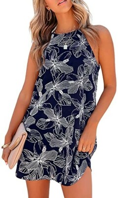 Qumee Women's Summer Dresses Floral Halter Dress Boho Sundress Casual Mini  Short | eBay