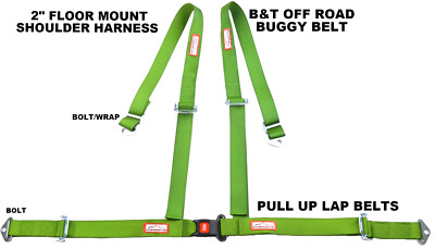 RACERDIRECT BLACK 4 POINT 2'' RACE HARNESS SEAT BELT FLOOR MOUNT BOLT LIME GREEN