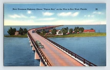 Postcard Florida Pigeon Key Bridge West Automobile 1940s Unposted Linen