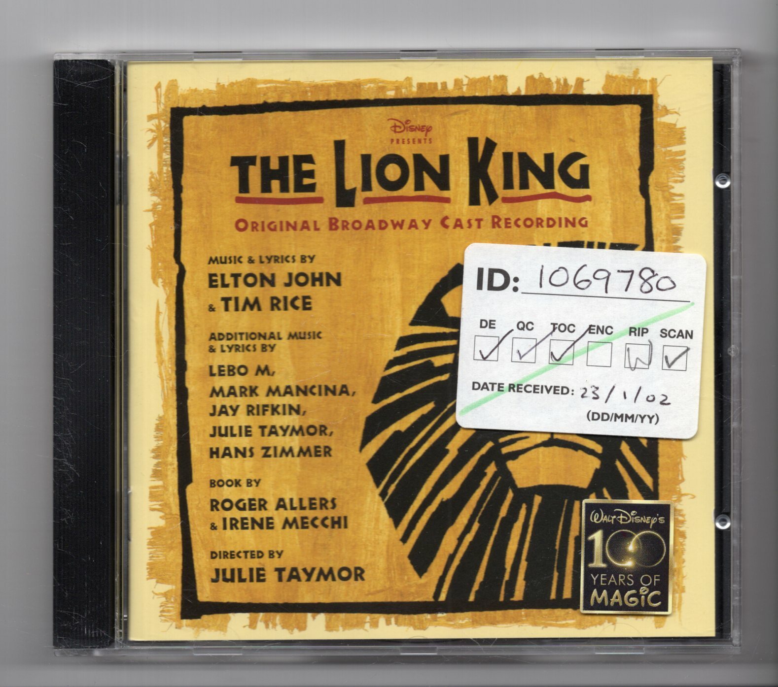 (JN956) Disney: The Lion King, Original Broadway Cast Recording - 1997 CD