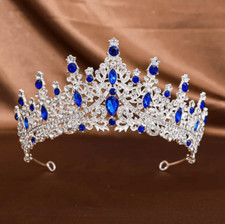 Wicked Silk Prom, Quinceanera Jeweled Crown Tiara Headband - Silver Sapphire Blu