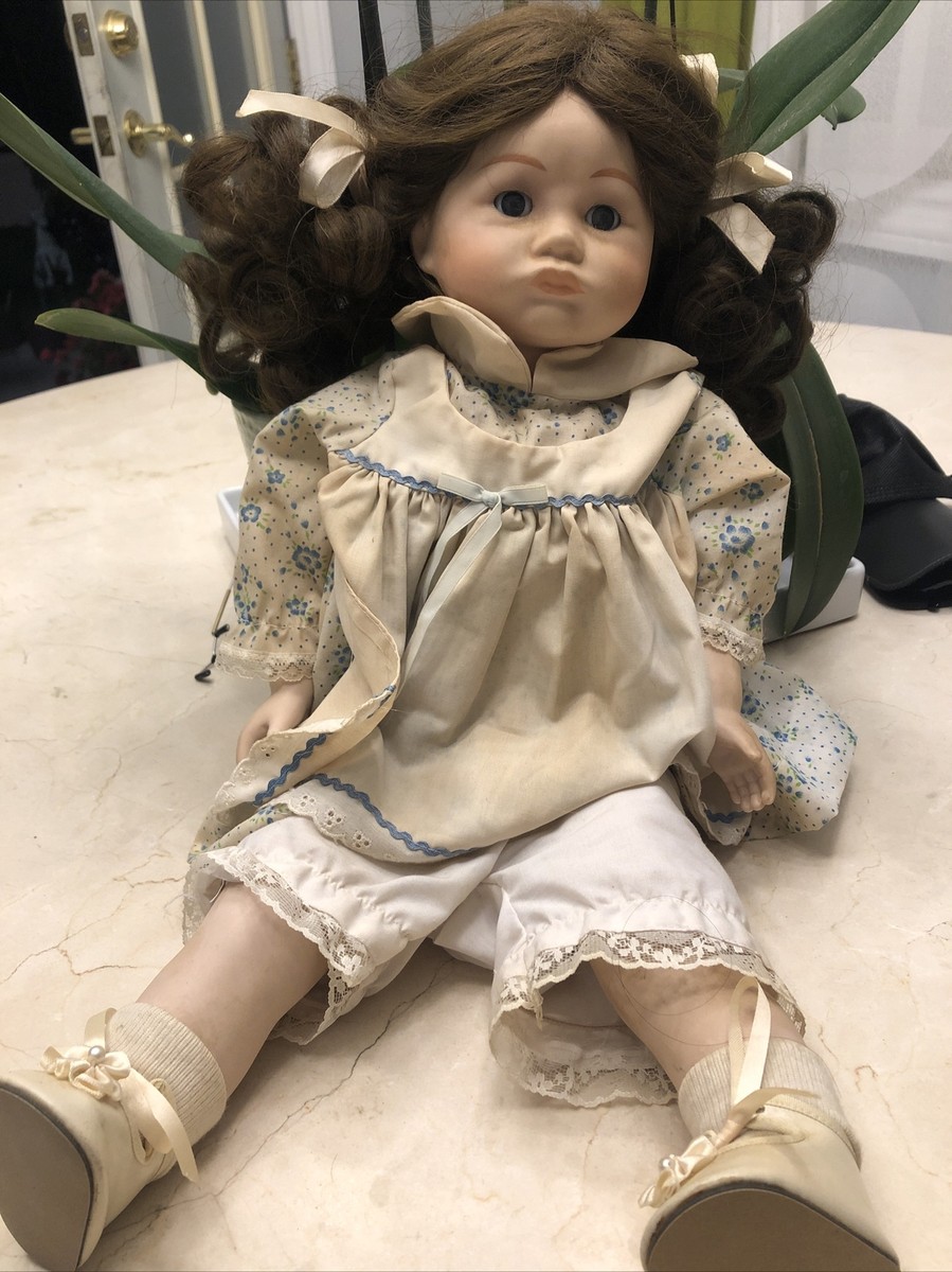 Vintage Porcelain Doll 20” Black Eyes Dark Hair Musical It Works