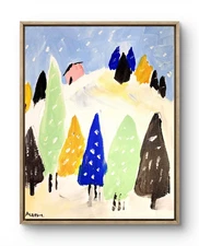 Aleph Original Art Snowy Village 2 14x11 Colorful Modern Painting on Canvas
