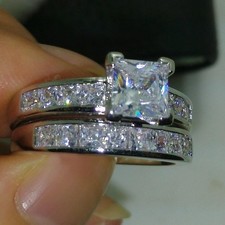 14K White Gold Plated 2Ct Princess Lab Created Diamond Wedding Bridal Set Ring