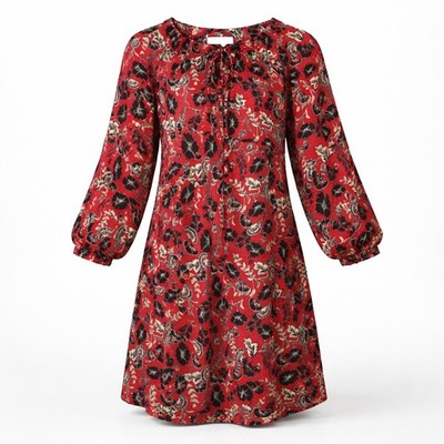 Masai Copenhagen Red Floral Tie Neck Long Sleeve Shift Tunic Dress Size LPockets