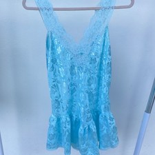 Victoria  s Secret Gold Label Baby Blue Floral Satin  Lace Slip Dress Medium