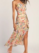 Lulus Stunning Soiree Blush Pink Peach Floral Print Ruched Midi Dress Size L Nwt