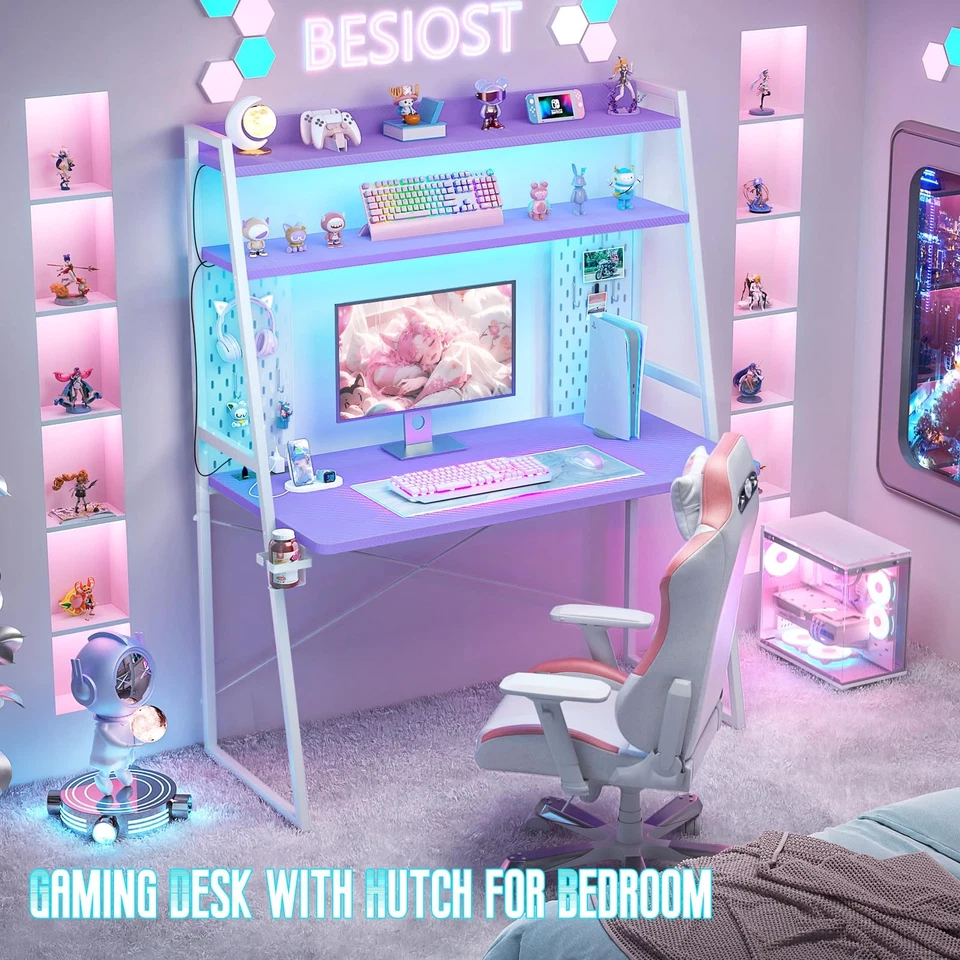 Escritorio Gaming con Hutch y Luces LED, Escritorio Ordenador Gaming con Toma de corriente... Foto 2 de 4