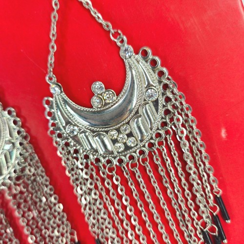 Vtg Silver Tone Boho Chandelier Tassel Earrings Rhinestone Black Bead 5.5" Hook - Bild 5 von 7