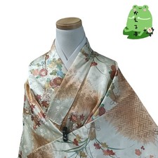 Kaerutei Kimono Fine Pattern Orange Flower Synthetic Fiber Used Japan