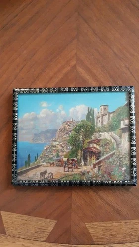 Vintage Miniature Framed Italian Village in Metal Frame 1960's Era