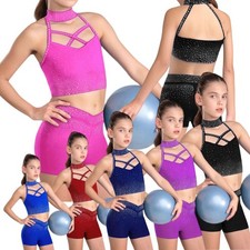 Girls Sparkle Rhinestones Gymnastics Dance Costume Halter Crop Tops With Shorts