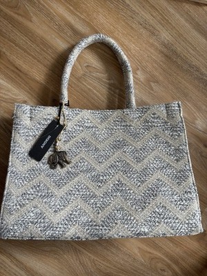 Anokhi Book Tote Large Bouclé Stoff Chevron Grau/Beige mit Charm Glitzer