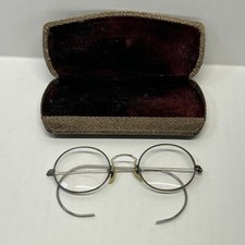 ANTIQUE ROUND OPTICAL RARE WIRE RIM EYEGLASSES ORIGINAL CASE Vintage