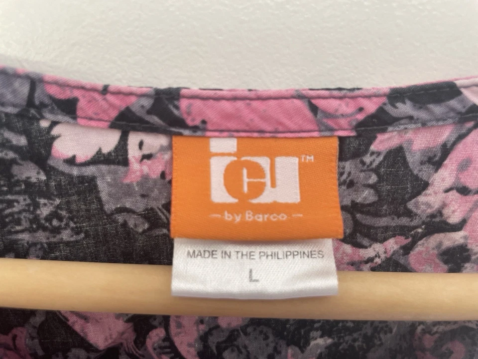 ICU By Barco Women's Pink Floral Cotton Crewneck Long Sleeve Scrub Top Black L - Image 2 of 4