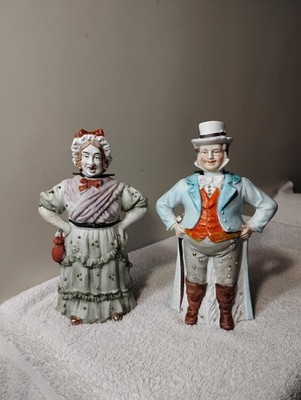 Antique German Bisque Figurine Nodder Pair Old Man & Woman Mkd Fine Perfect LOOK