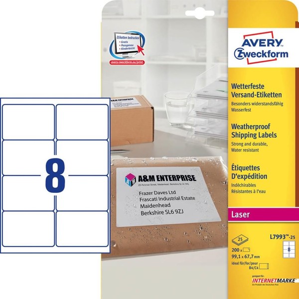 Avery Zweckform Wetterfeste Versand Etiketten 99,1 X 67,7 Mm Weiß 200 Etiketten-image