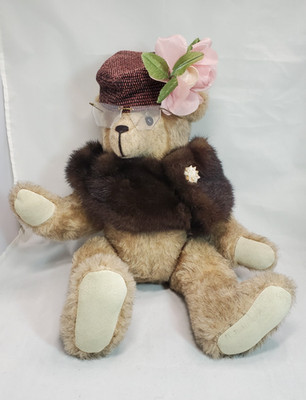 Maude Finkle Design Plush Mohair Bear Fur Stole Shell Brooch Hat Glasses