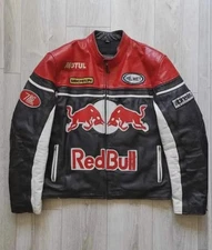 New Men's Red Bull F1 Leather Racing Embroidered Biker Coat Black Red Jacket