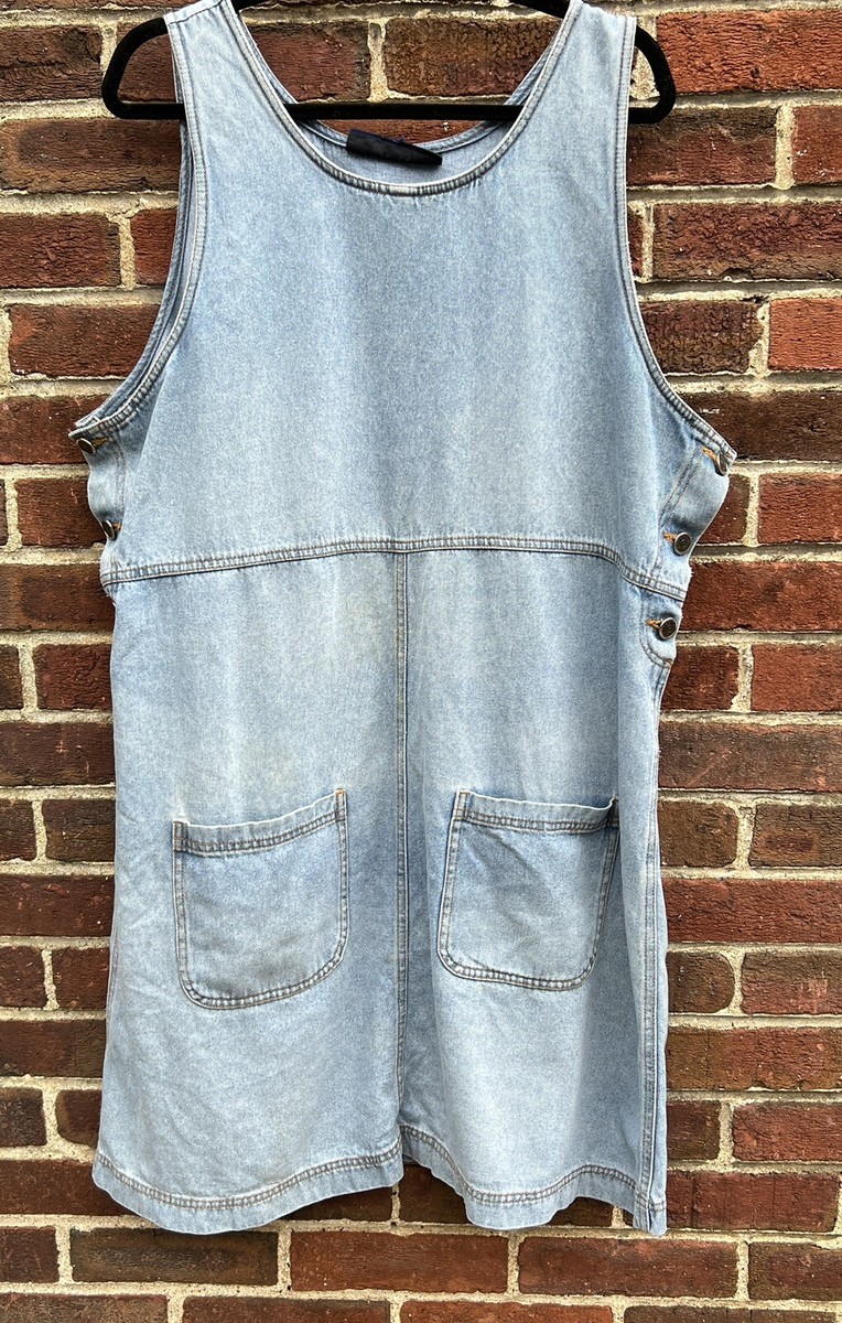 Vintage 90s Y2k Denim Jumper Overall Dress Side Buttons