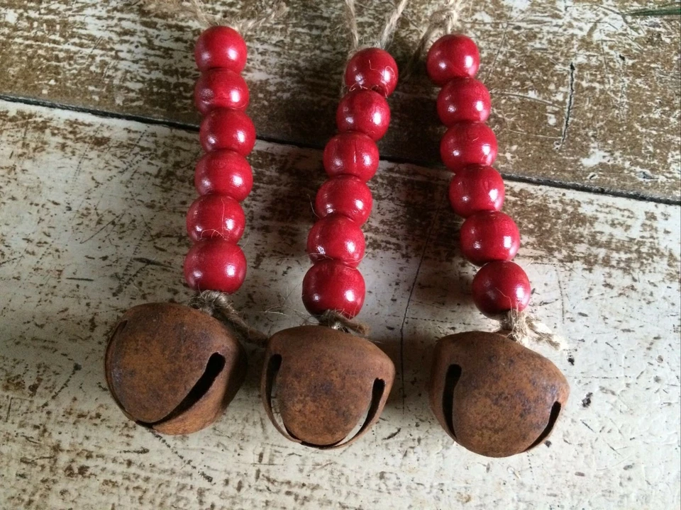 Set/6 Handmade Cranberry Farmhouse Wooden Bead 6" Ornaments Rusty Jingle Bells - Image 4 of 4