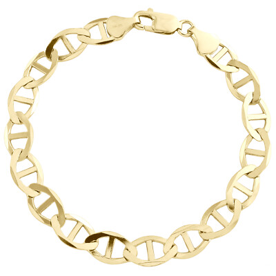 Solid 10K Yellow Gold Mens 9mm Plain Anchor Mariner Link Bracelet  Inches