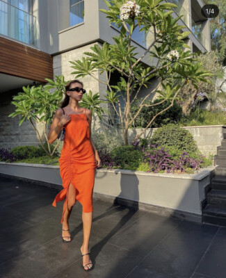 open lace back dress Threadbare Women's Orange Linen Blend Ladies' V Neck Sleeveless Ruched Midi  Dress