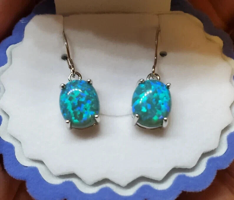 Green Blue Opal Gemstone Earrings 925 Sterling Silver Ear Wire