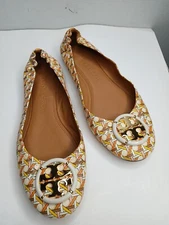 TORY BURCH MULTI LOGO BALLET FLAT LEATHER PINK CANING GEO LOGO Women's 10.5