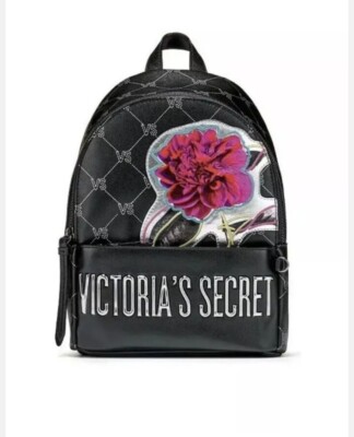 New Victoria's Secret VS Monogram Floral Small City Backpack Black Embossed