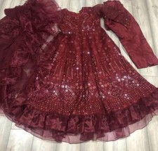 Red Maroon Mirror Work Dress With Flurr At Bottom And Flurr Scarf