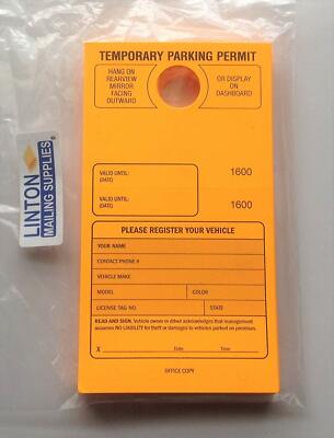Temporary Parking Permit,7-3/4'' x 4-1/4'', Bright Fluorescent Orange - Pack of 50
