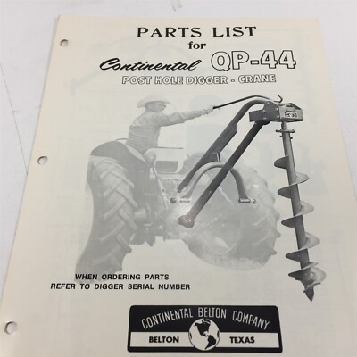 Vintage 1970s Continental Belton QP-44 Post Hole Digger Crane Parts List 