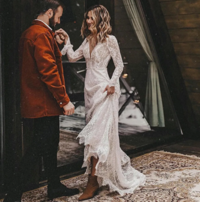 Bohemian Beach Lace Wedding Dresses Long Sleeve Western Country Cowgirl  Bridal | eBay