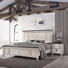 Rustic Cottage Style 3pc Queen Panel Bed Set Beige Finish Solid Wood Bedroom