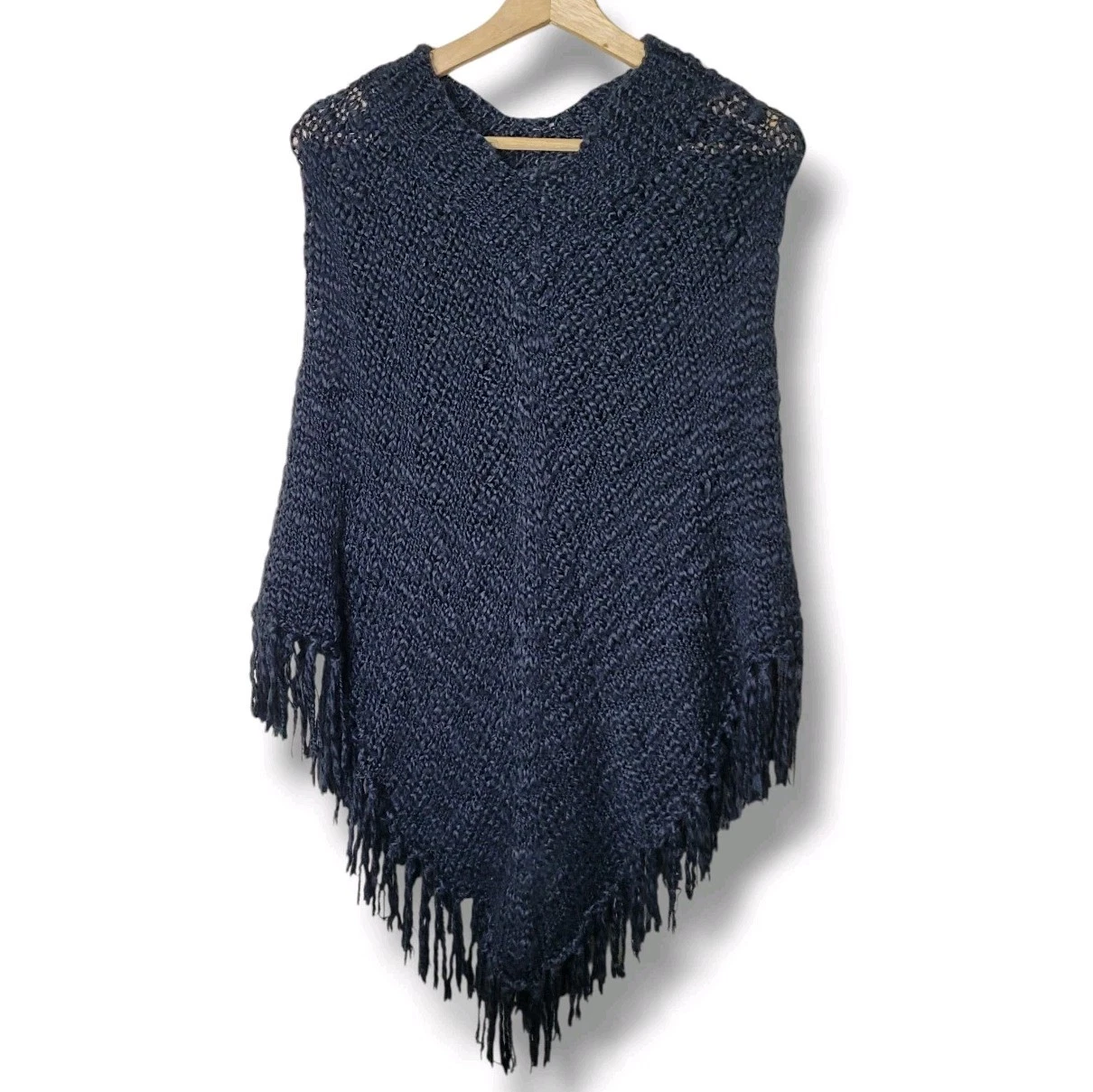 Cejon Black Stevie Nicks Style Stretchy Pullover Fringe Knit Poncho One Size