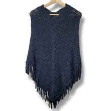 Cejon Knit Poncho Black Fringe Tassel Crochet Open Knit Pullover Cape Shawl OS