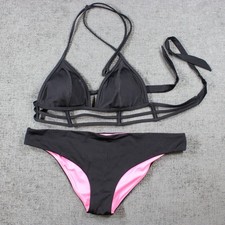 Pink Victoria's Secret Bikini Set Black Strappy Cage Triangle Top Small Medium