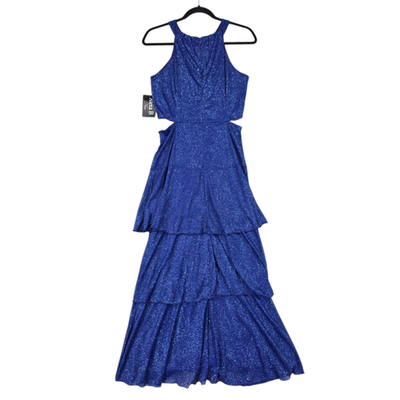 Alexa B Nites Dress Womens 8 Blue Glitter Halter Cut Out Tiered Maxi Gown |  eBay