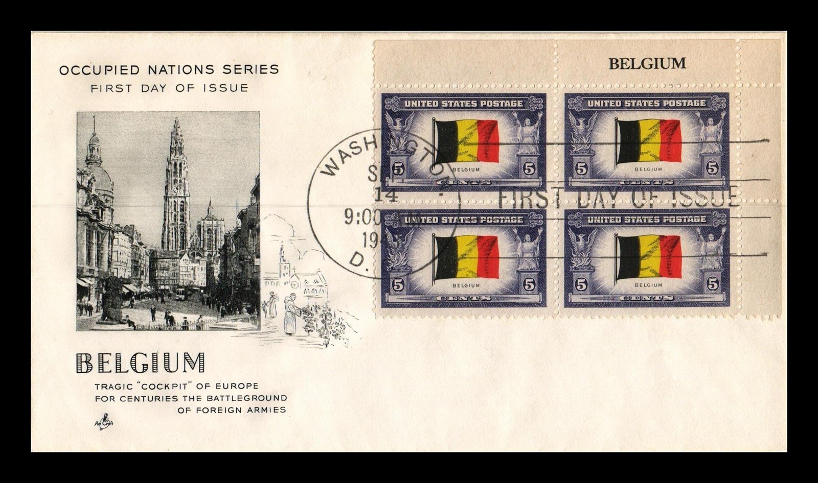 Dr Jim Stamps Us Cover Belgium Occupied Nations Fdc Slogan Block Artcraft