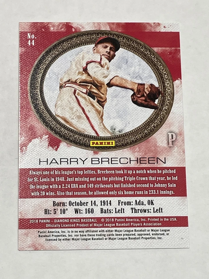 2018 Panini Diamond Kings Baseball #44 - Harry Brecheen - St. Louis Cardinals - Image 2 of 2