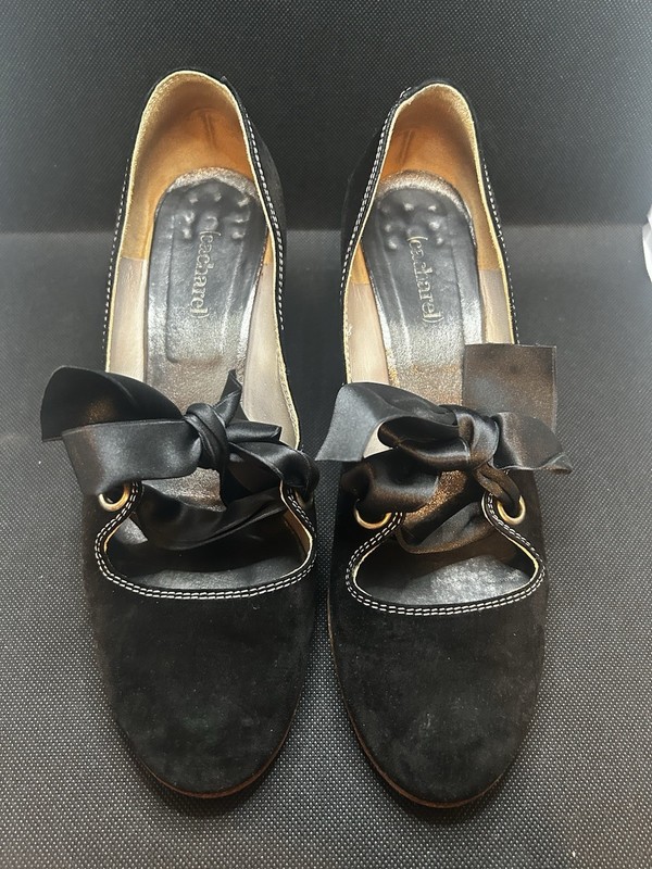 Cacharel Black Suede Mary Jane Heels Size 10 Bow Tie French Designer 3” Heel