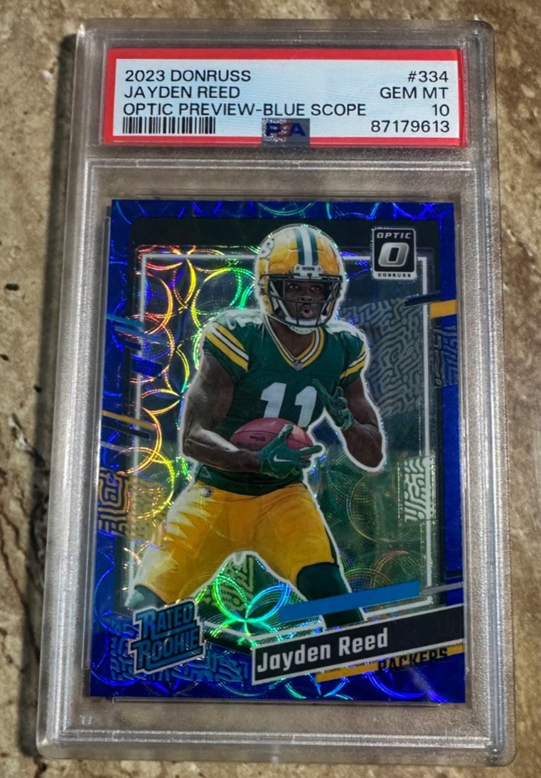 2023 Donruss Optic Preview Jayden Reed Blue Scope #334 - PSA 10