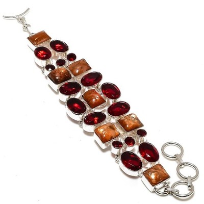 Natural Sunstone Garnet 925  Silver Bracelet 7-8'' Sparkle Solar Stone R614