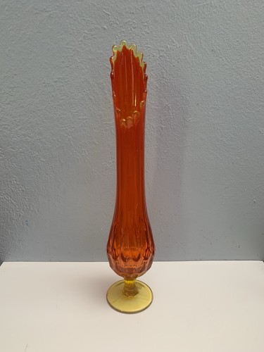 Vintage Fenton Amberina Red Swung Thumbprint Vase 17" GLOWS Orange Yellow